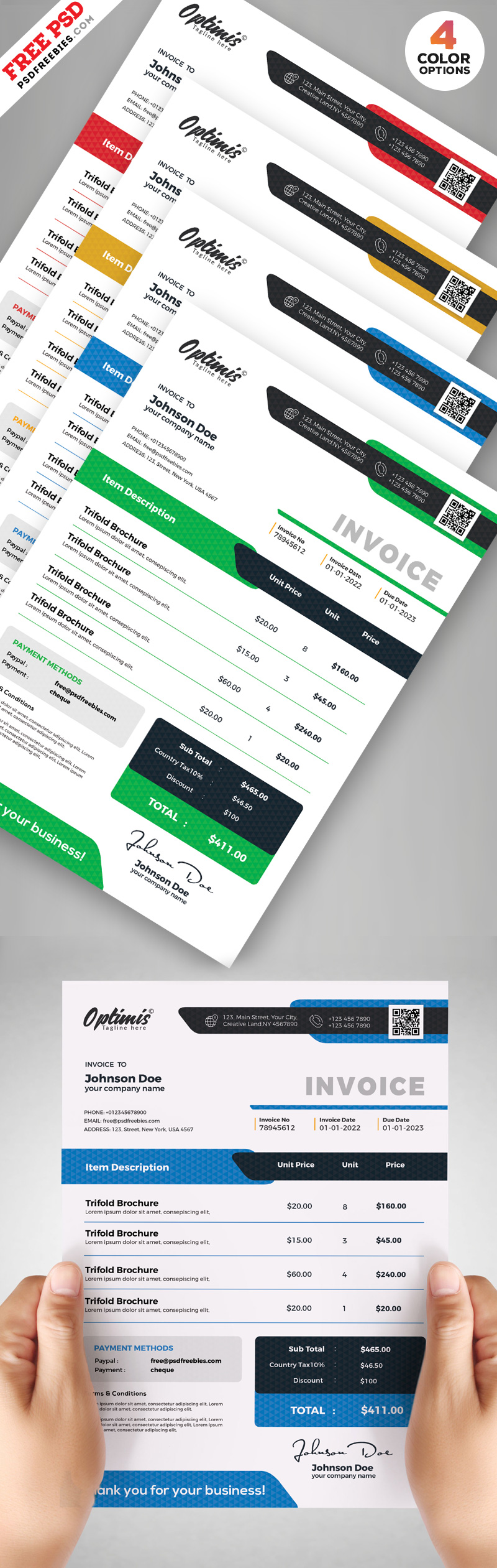 Plantilla de factura diseño comercial PSD descarga gratis