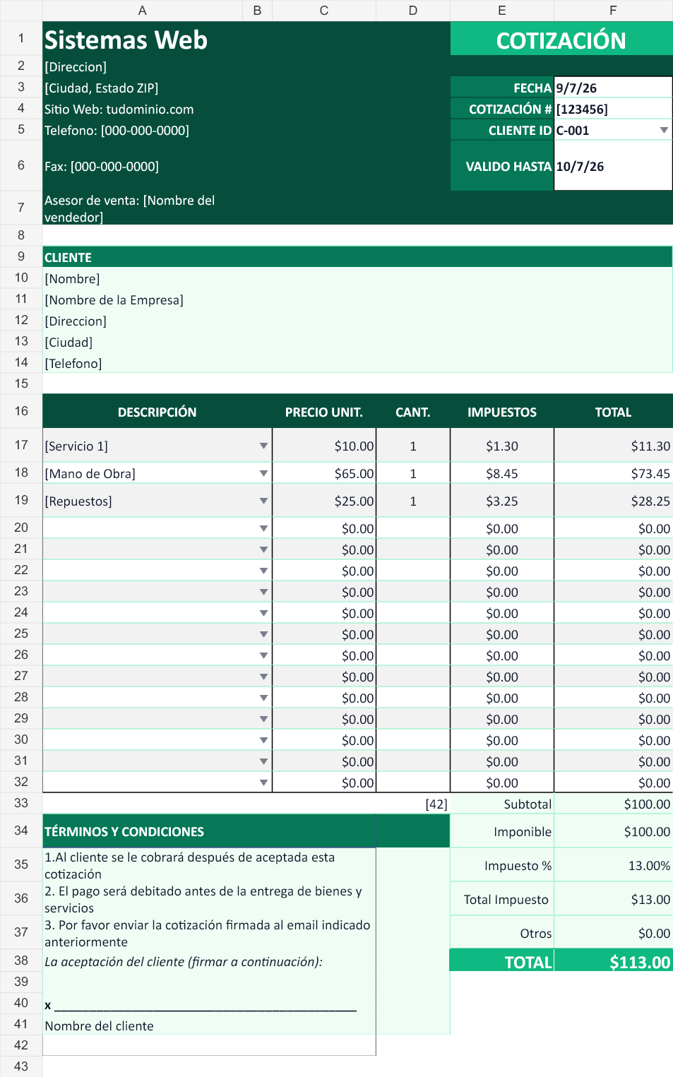 Verde ejecutiva. Cotización con los datos de ejemplo del archivo.