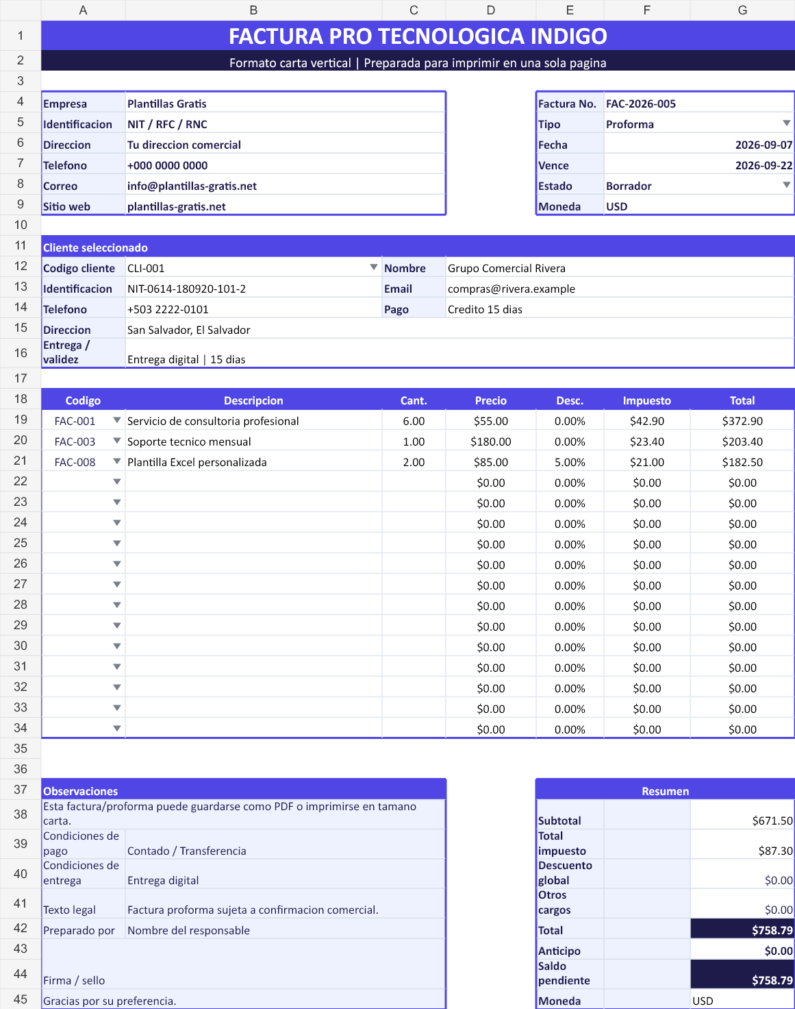 Tecnológica índigo. Vista con los datos de ejemplo del archivo.