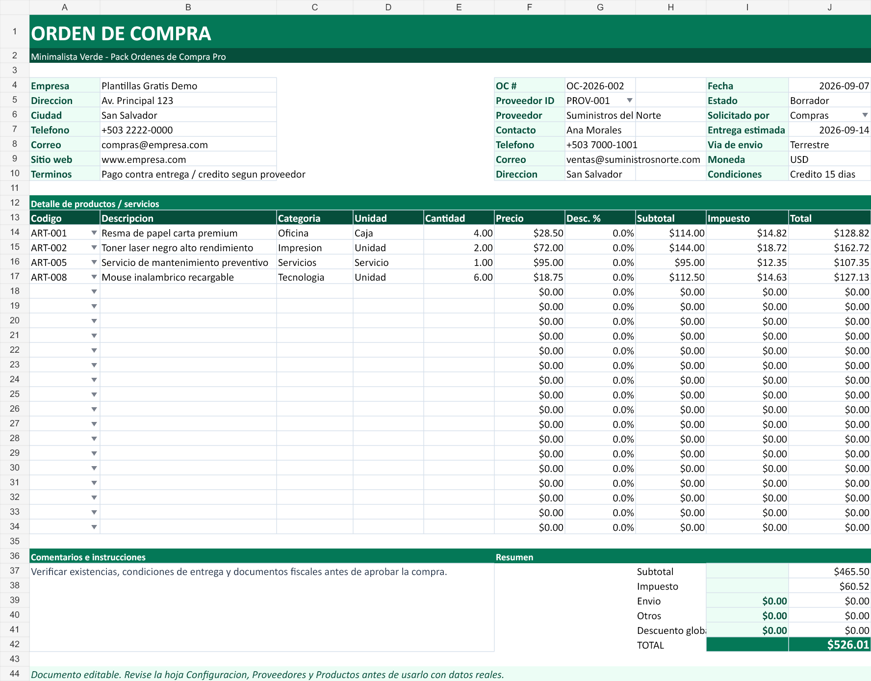 Minimalista verde. Hoja Orden de Compra con datos de ejemplo del archivo.