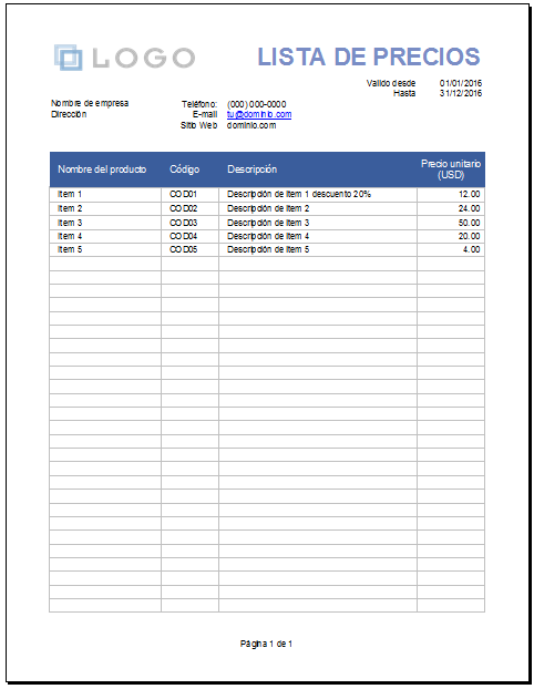 Lista de precios en Excel gratis para imprimir
